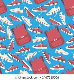 Seamless pattern. Satchel and sneakers. Vector illustration