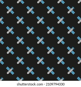 Seamless pattern with satellite on black background. Vector illustration