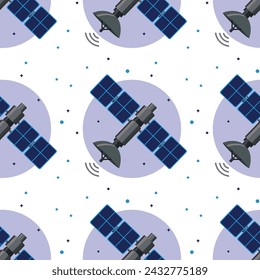 Seamless pattern with satellite solid navigation and communication. Space unmanned satellite technology, global communication. Texture background for web, print. Flat vector illustration