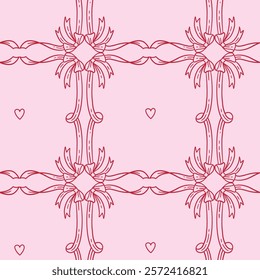 Seamless pattern with satin bow knots, gift ribbons in checkered composition. Trendy hair braiding accessory style. Hand drawn linear vector illustration. Valentine s day coquette background.