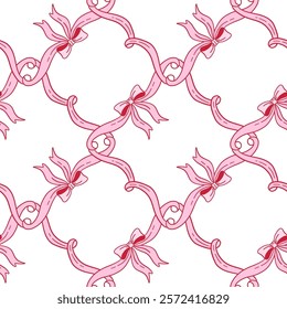 Seamless pattern with satin bow knots, gift ribbons in checkered composition. Trendy hair braiding accessory style. Hand drawn linear vector illustration. Valentine s day coquette background.