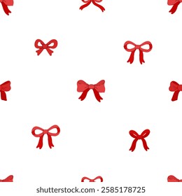 Seamless pattern of satin red bow knots. Holiday background with coquette pretty charming bows. Design wrapping paper. Festive present decoration. Flat vector illustration