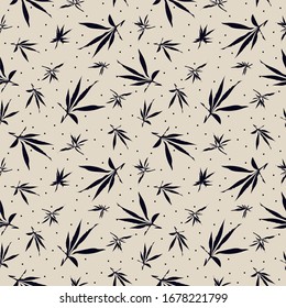 Patrón transparente de ramas de cáñamo sativa (Cannabis Indica, marihuana), planta medicinal con hojas. Ilustración vectorial en fondo aislado. Para revestimiento, papel pintado, banner, textil, embalaje de papel.