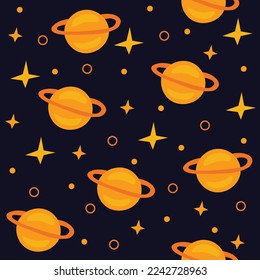 Seamless pattern with saturn planets and stars on dark background. Cartoon cosmic illustration colorful for print.