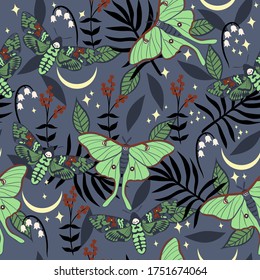 Seamless pattern with saturnia moths and dead head moths. Vector graphics.