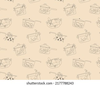 Seamless pattern of saucepans with cooking food  for restaurants, kitchen interiors and chefs aprons