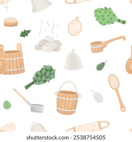 Seamless pattern with sauna spa items in cartoon flat style isolated on white background. Vector illustration