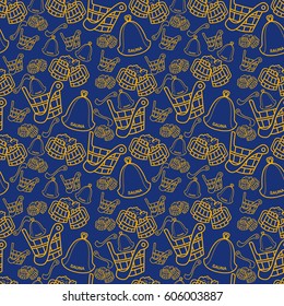 Seamless pattern with sauna wooden scoop, bucket and hat on dark blue background. Vector illustration.
