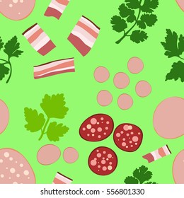 Seamless pattern with sausage, bacon and green