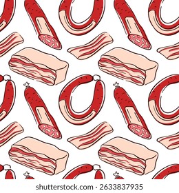 Seamless pattern of sausage, bacon and salami in flat style on white background. Ideal for delivery packaging, kitchen decor or restaurant wrapping paper.