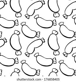 Seamless pattern with sausage in black and white. Food. Wurst. Endless print texture. Doodle, cartoon drawing illustration - vector