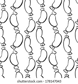 Seamless pattern with sausage in black and white. Food. Wurst. Endless print texture. Doodle, cartoon drawing illustration - vector 