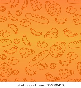 Seamless pattern sausage, cheese, eggs, bread.