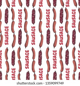 Seamless pattern with sausage. Food. Hand drawn Meat products on a beige background:  smoked sausages, salami, frankfurters. Background for textile, fabric, restaurant, meat shop