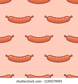 Seamless pattern with sausage on orange background. Vector texture.