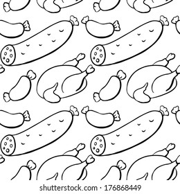 Seamless pattern with sausage, wurst and chicken in black and white. Food. Endless print texture. Doodle, cartoon drawing illustration - vector