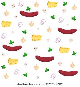 Seamless pattern of sausages, cheese, champignons, onion rings, garlic, parsley and cilantro leaves. Endless food set pattern. Vector illustration. 