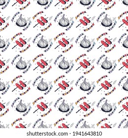 Seamless pattern with sausages and garlic. Seamless pattern on a white background. Cute vector illustration.
