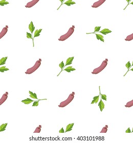 Seamless pattern with sausages and parsley.