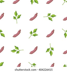 Seamless pattern with sausages and parsley.