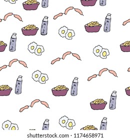Seamless pattern of sausages, scrambled eggs and milk with flakes.