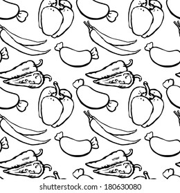 Seamless pattern with sausages, wurst, ham, red hot chili peppers, bell peppers on a white background. Food, vegetables. Endless print silhouette texture. Doodle, cartoon drawing illustration - vector