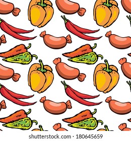 Seamless pattern with sausages, wurst, ham, red hot chili peppers, bell peppers on a white background. Food, vegetables. Endless print texture. Doodle, cartoon drawing illustration - vector