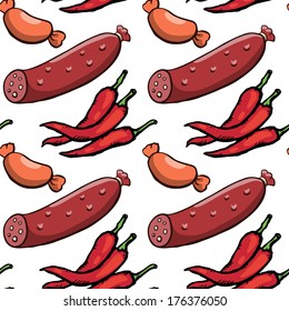 Seamless pattern with sausages, wurst and red hot chili peppers on a white background. Food, vegetables. Endless print texture. Doodle, cartoon drawing illustration - vector