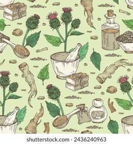 Seamless pattern with saussurea costus: leaves, costus flowers, plant and saussurea costus roots. Dolomiaea costus. Saussurea lappa. Oil, soap and bath salt. Cosmetics and medical plant. Vector