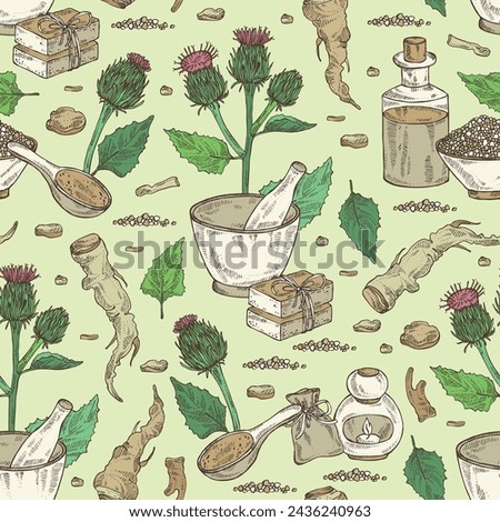 Seamless pattern with saussurea costus: leaves, costus flowers, plant and saussurea costus roots. Dolomiaea costus. Saussurea lappa. Oil, soap and bath salt. Cosmetics and medical plant. Vector