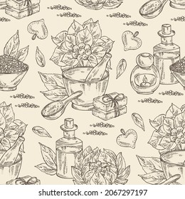 Patrón sin foco con los laniceps de saussurea: plantas, flores de loto de nieve, hojas, sal de baño, jabón y productos de belleza. Limnanthes alba. Cosmética, perfumería y planta médica. Dibujo manual del vector