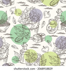 Patrón sin foco con los laniceps de saussurea: plantas, flores de loto de nieve, hojas, sal de baño, jabón y productos de belleza. Limnanthes alba. Cosmética, perfumería y planta médica. Dibujo manual del vector