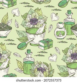 Seamless pattern with saussurea laniceps: plant, snow lotus flowers, leaves, bath salt, soap and beauty products. Limnanthes alba. Cosmetic, perfumery and medical plant. Vector hand drawn