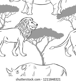 Seamless pattern with savanna animals. Hand drawn animals sketches  in safari park. Vector Illustration