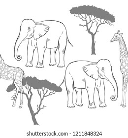 Seamless pattern with savanna animals. Hand drawn animals sketches  in safari park. Vector Illustration