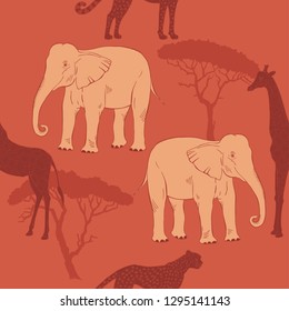 Seamless pattern with savanna animals. Hand drawn animals sketches  in safari park. Vector Illustration