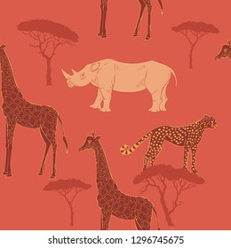 Seamless pattern with savanna animals. Hand drawn animals sketches  in safari park. Vector Illustration