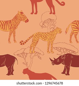 Seamless pattern with savanna animals. Hand drawn animals sketches  in safari park. Vector Illustration