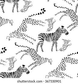 Seamless pattern with savanna animals. Hand drawn vector cheetah, leopard and zebra  in safari park. Vector Illustration