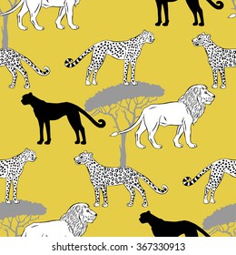 Seamless pattern with savanna animals. Hand drawn vector cheetah, leopard and zebra  in safari park. Vector Illustration