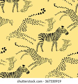 Seamless pattern with savanna animals. Hand drawn vector cheetah, leopard and zebra  in safari park. Vector Illustration