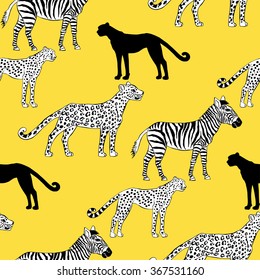 Seamless pattern with savanna animals. Hand drawn vector cheetah, leopard and zebra  in safari park. Vector Illustration