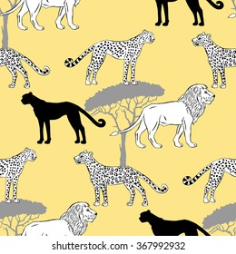 Seamless pattern with savanna animals. Hand drawn vector cheetah, leopard and zebra  in safari park. Vector Illustration