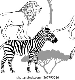 Seamless pattern with savanna animals. Hand drawn vector cheetah, leopard and zebra  in safari park. Vector Illustration