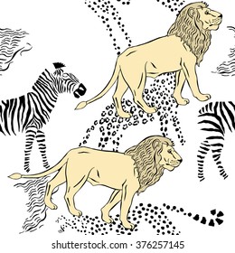 Seamless pattern with savanna animals. Hand drawn vector cheetah, leopard and zebra  in safari park. Vector Illustration