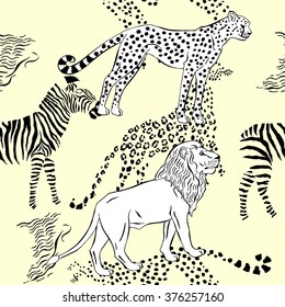 Seamless pattern with savanna animals. Hand drawn vector cheetah, leopard and zebra  in safari park. Vector Illustration