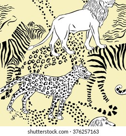Seamless pattern with savanna animals. Hand drawn vector cheetah, leopard and zebra  in safari park. Vector Illustration