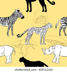 Seamless pattern with savanna animals. Hand drawn animals sketches  in safari park. Vector Illustration