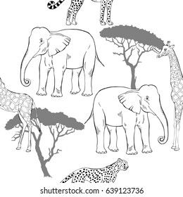 Seamless pattern with savanna animals. Hand drawn animals sketches  in safari park. Vector Illustration