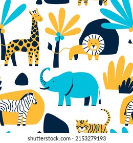 Seamless pattern of savanna animals on a white background. Zoo animals tiger, lion, elephant, zebra, giraffe. Pattern for children's fabric. Flat vector illustration.